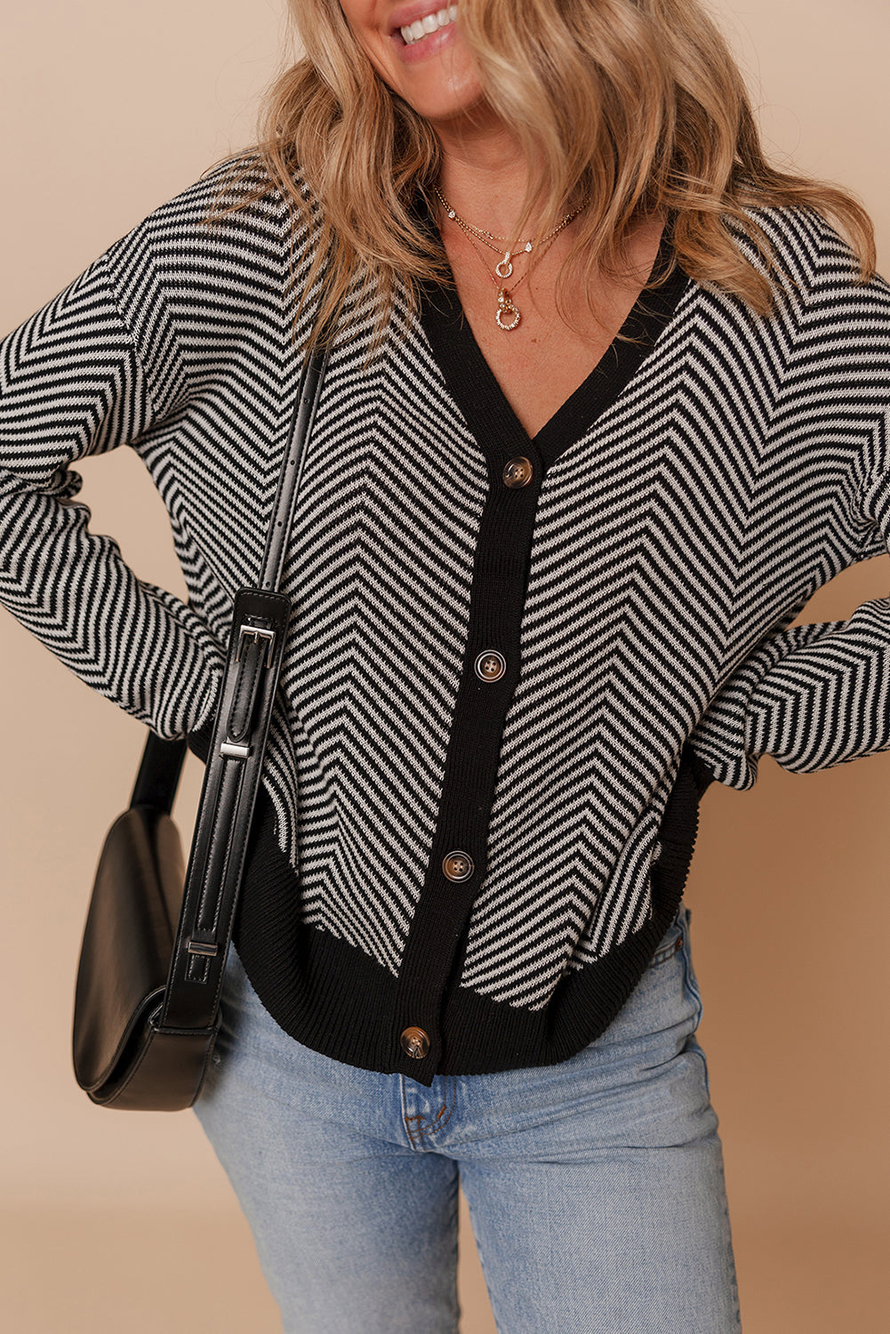 Stripe Button-Front Herringbone Cardigan in Black White