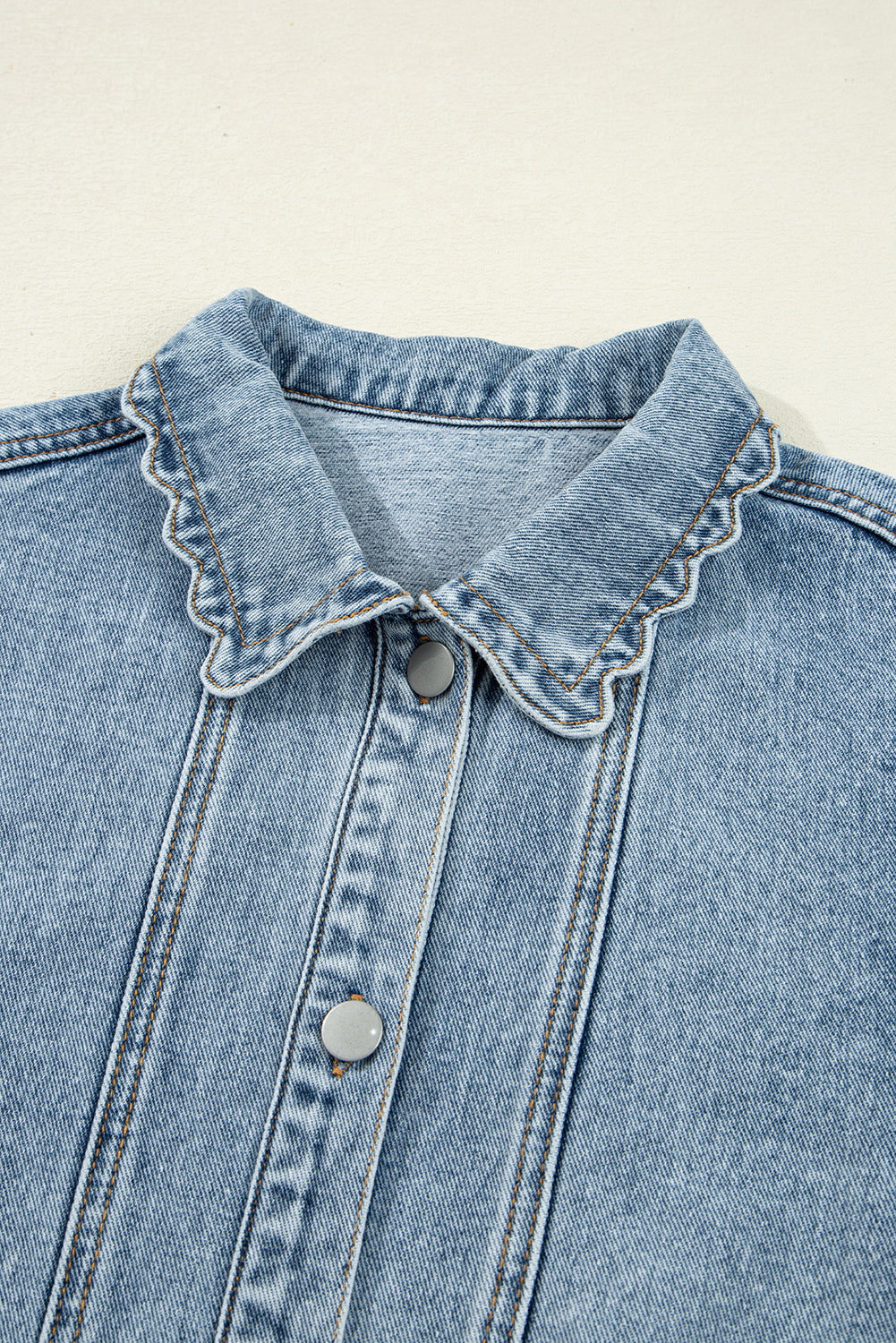 Scallop Patched Trim Collar Pocket Button-Front Denim Jacket