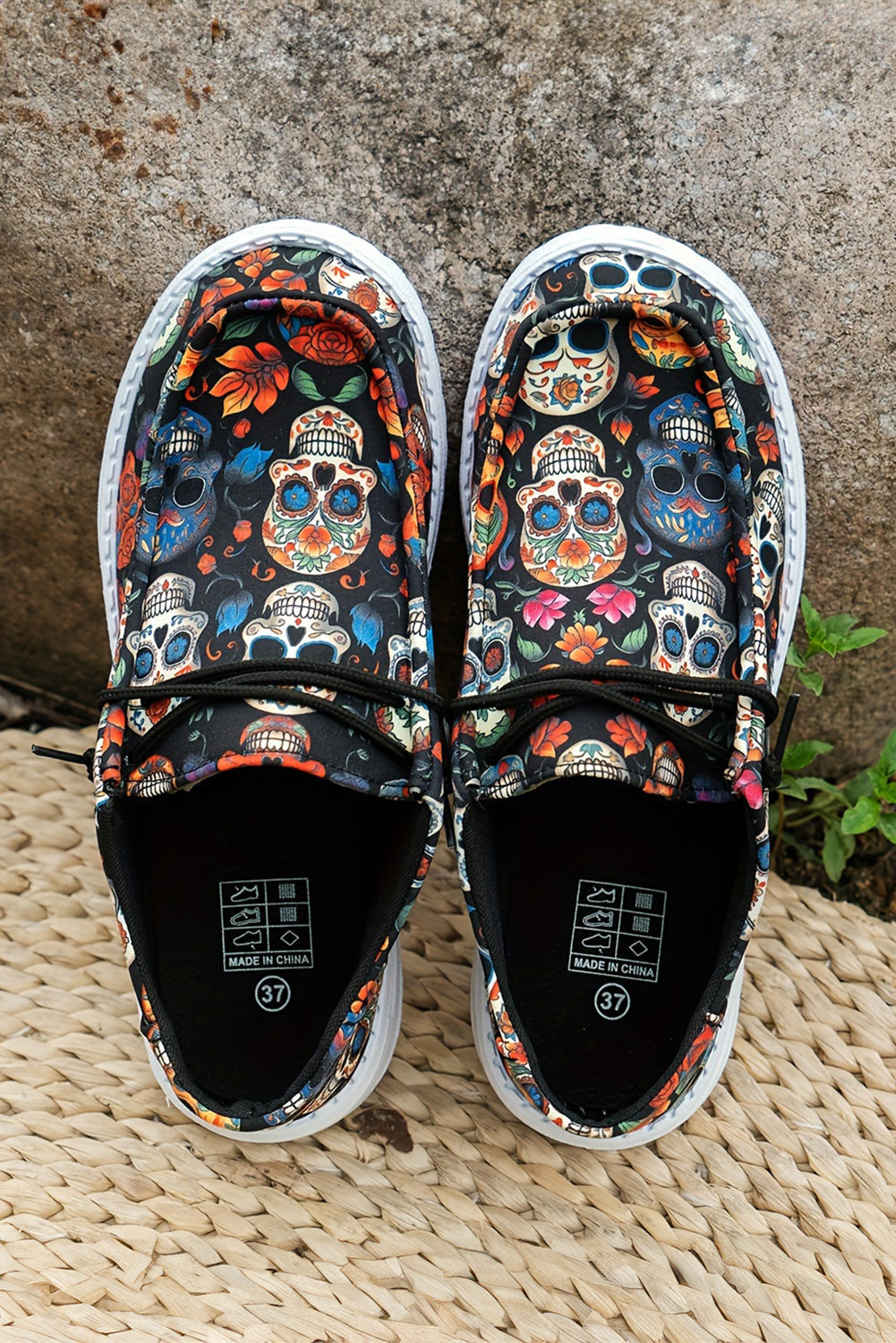 Sugar Lace-up Skull Print Detail Halloween Flat Shoes