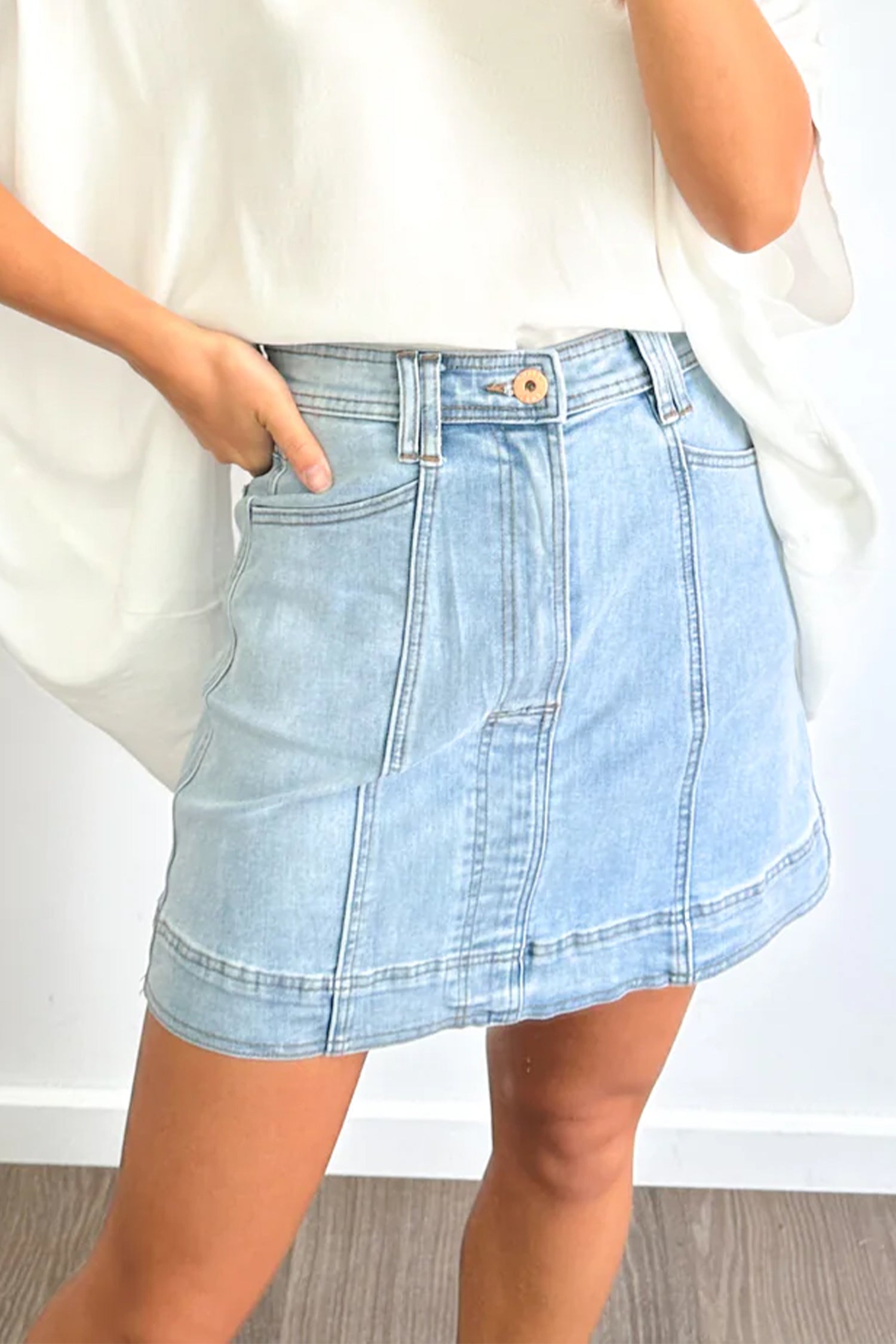 Exposed A-line Seam Detail Denim Mini Skirt in Beau Blue