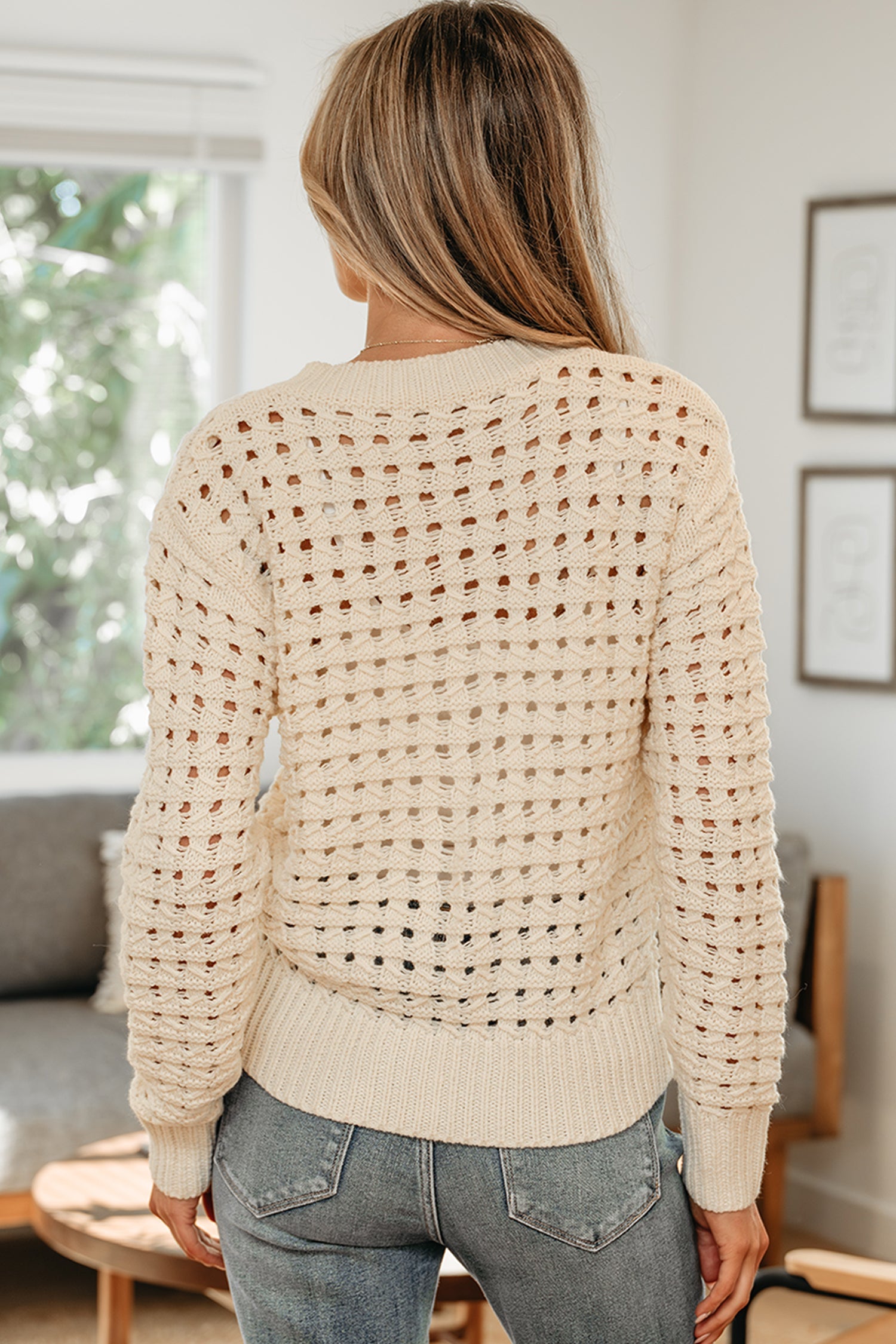 Hollowed Zip-Front Pattern Knit Drop-Shoulder Cardigan Knit Top