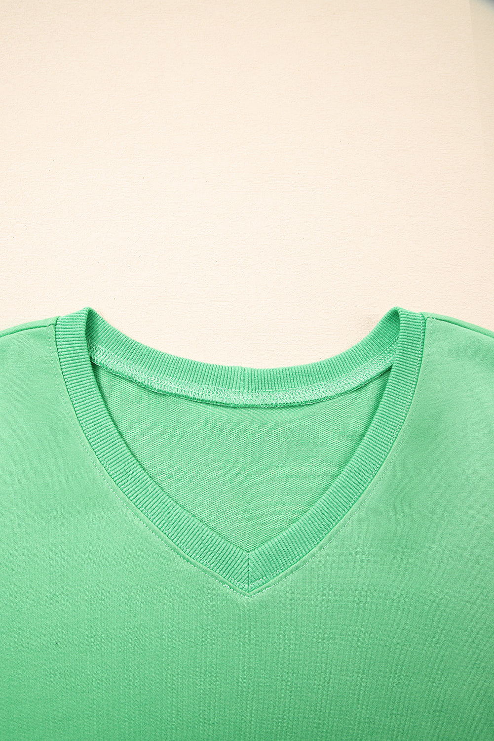 Mint Drop-Shoulder Green V-Neck Tee and Patchwork Drawcord Elastic Waistband Shorts Set