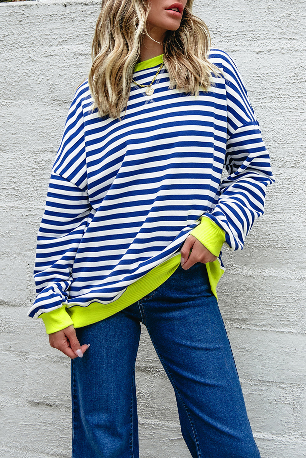 Striped Contrast Rib-Knit Trim Crossed Stitch Drop-Shoulder Sweatshirt Style