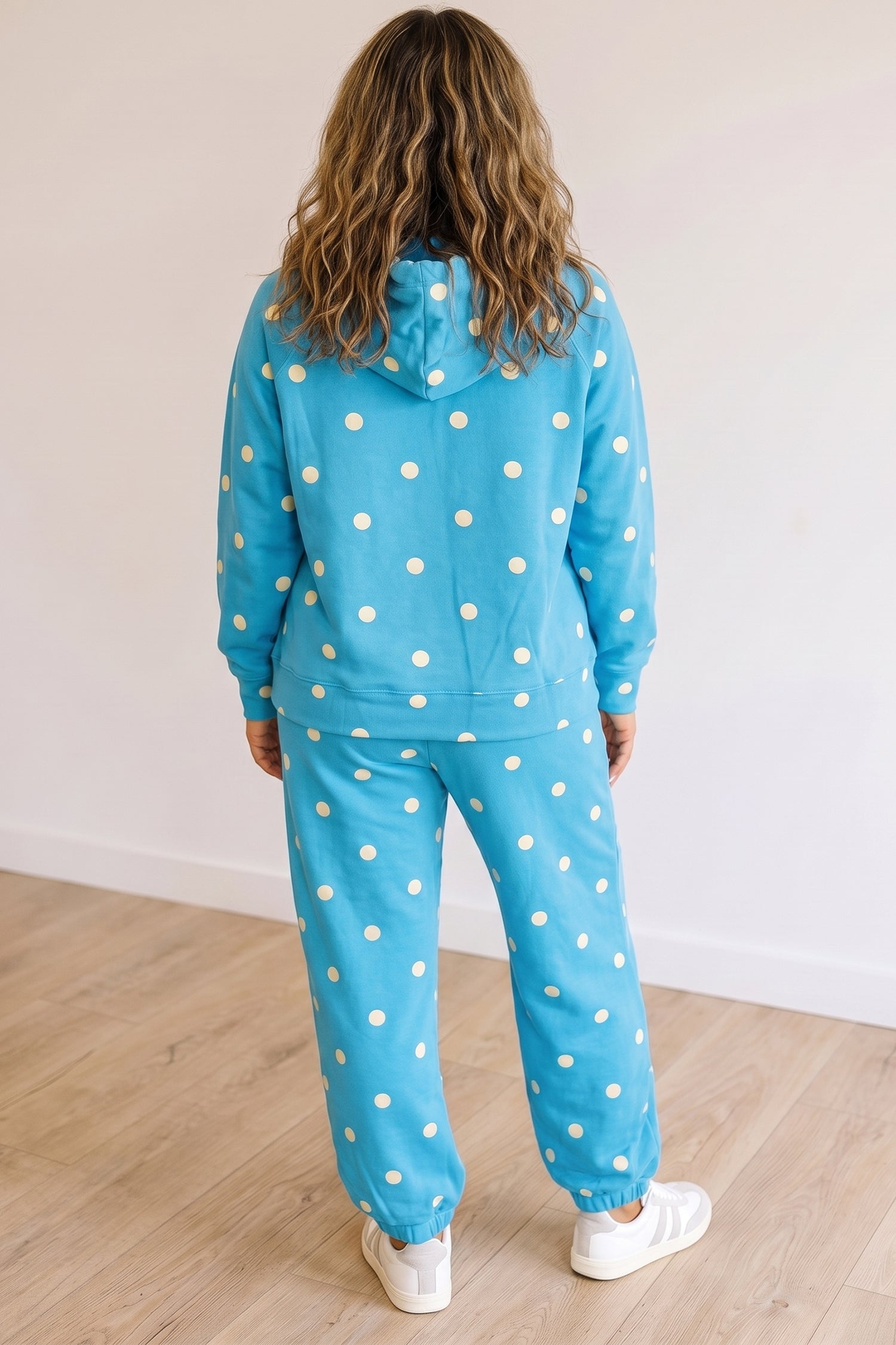 Drawcord Polka-Dot Hooded Long-Sleeved Plus Size Set in Blue