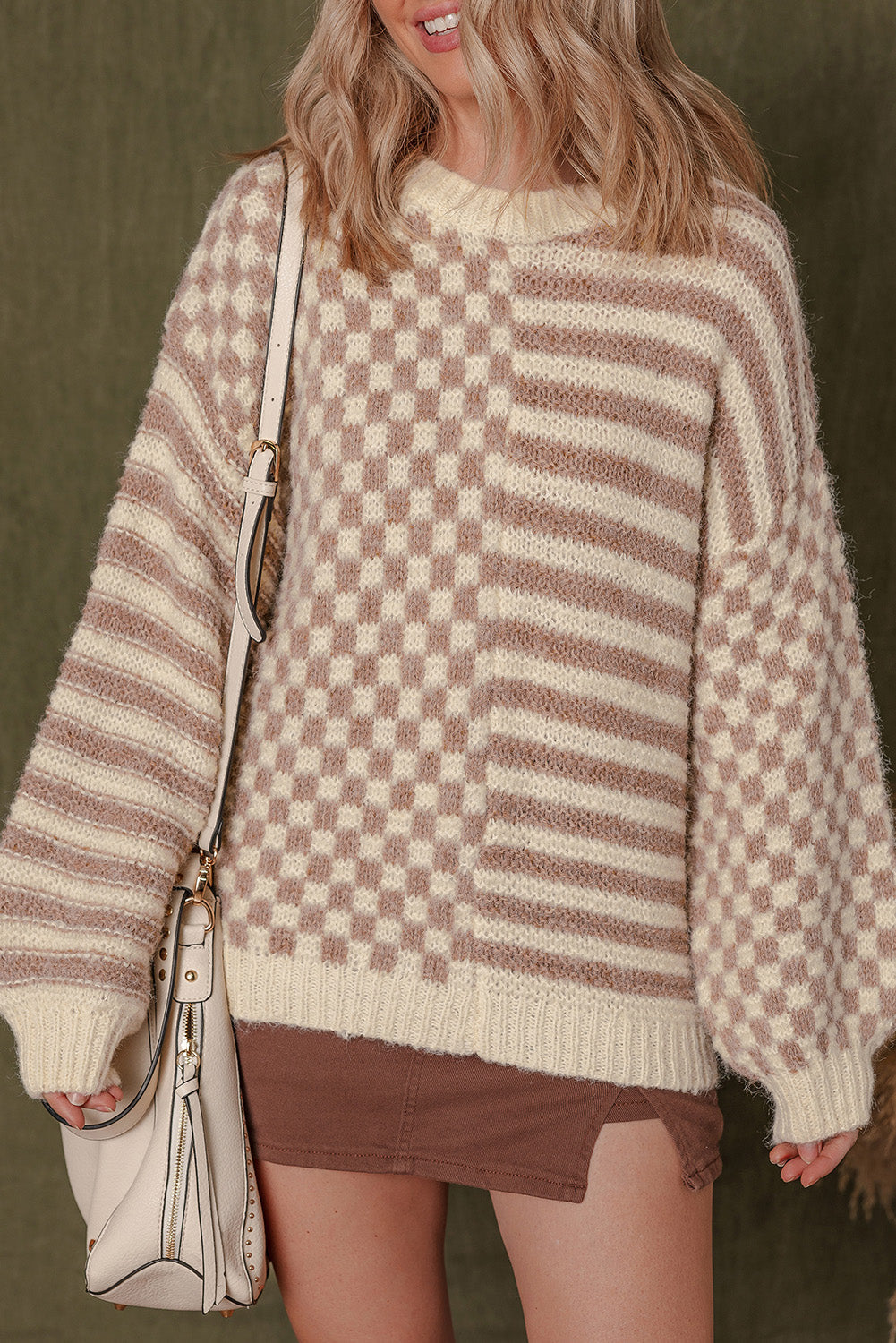 Checkerboard Sleeve Drop-Shoulder Balloon Knit Top