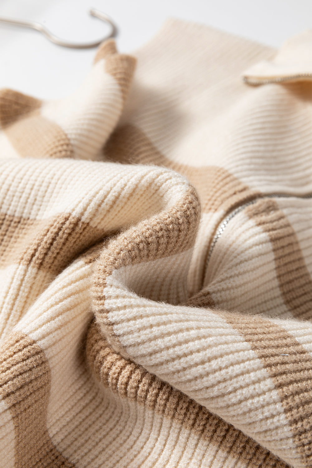 Stripe Zip Rib-Knit Half Collared Knit Top Vest in Khaki