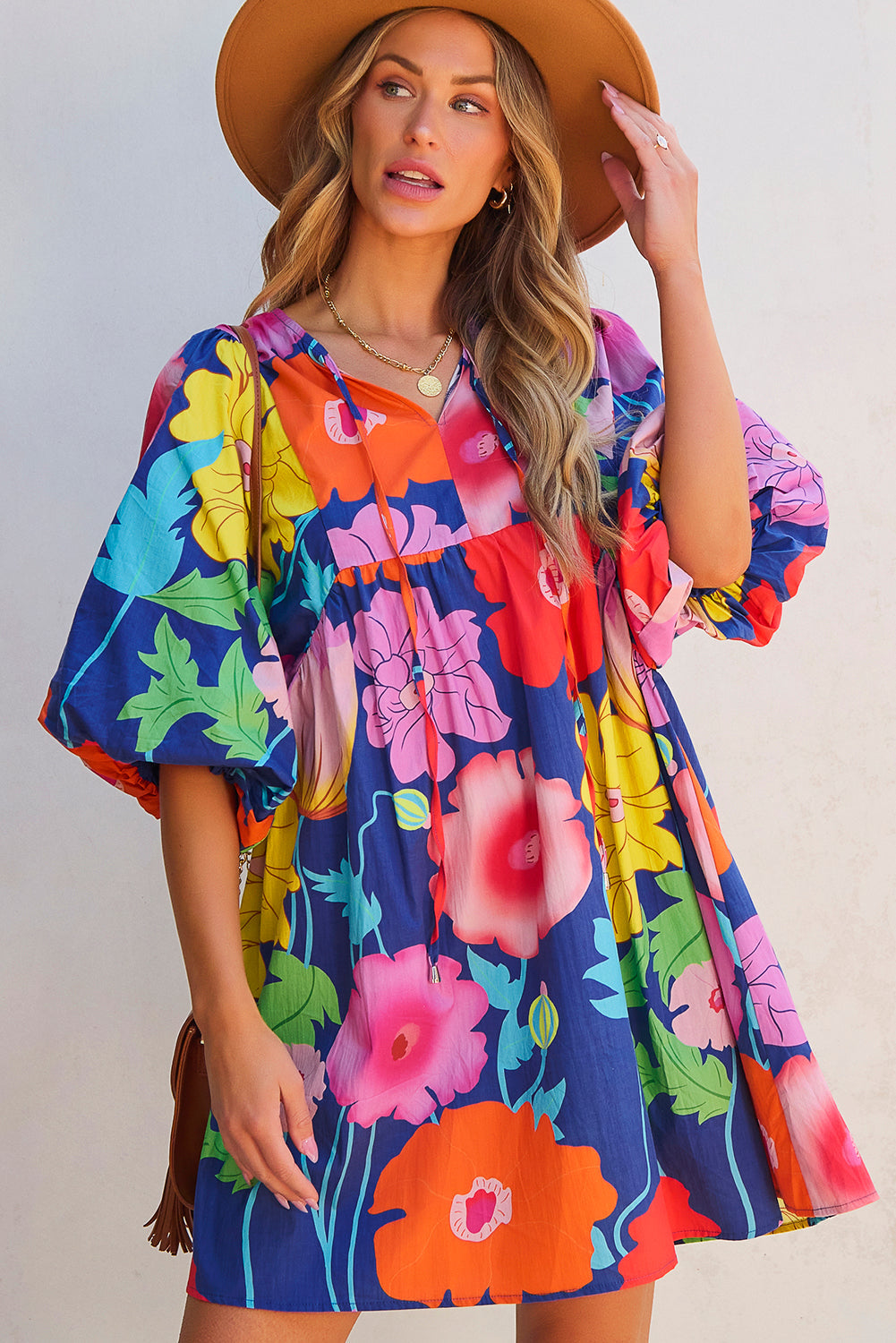 Floral-Print Split Neck Babydoll Dress