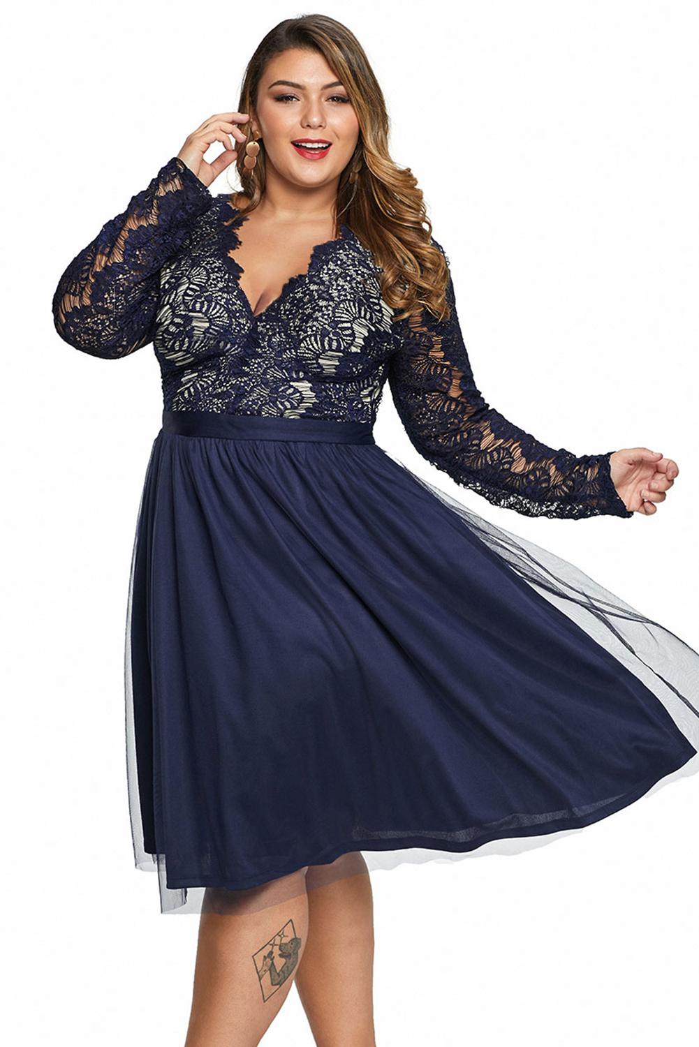 Neck Lace Scalloped Lace Tulle Plus Size Midi Dress in Black