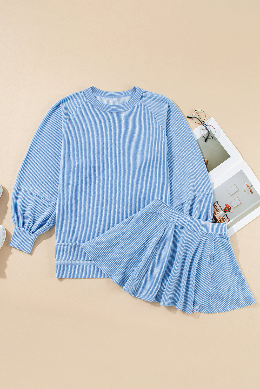 Sleeve Corded Lantern Top High-Waisted Ruffled Mini Skort Set in Sky Blue