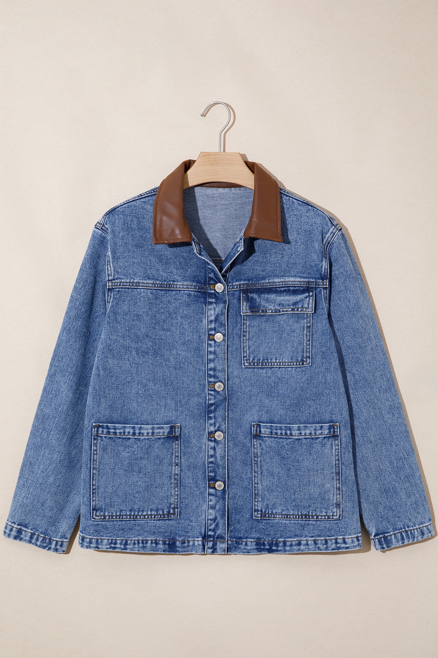 Patchwork Leather Collar Long-Sleeved Denim Jacket in Sky Blue