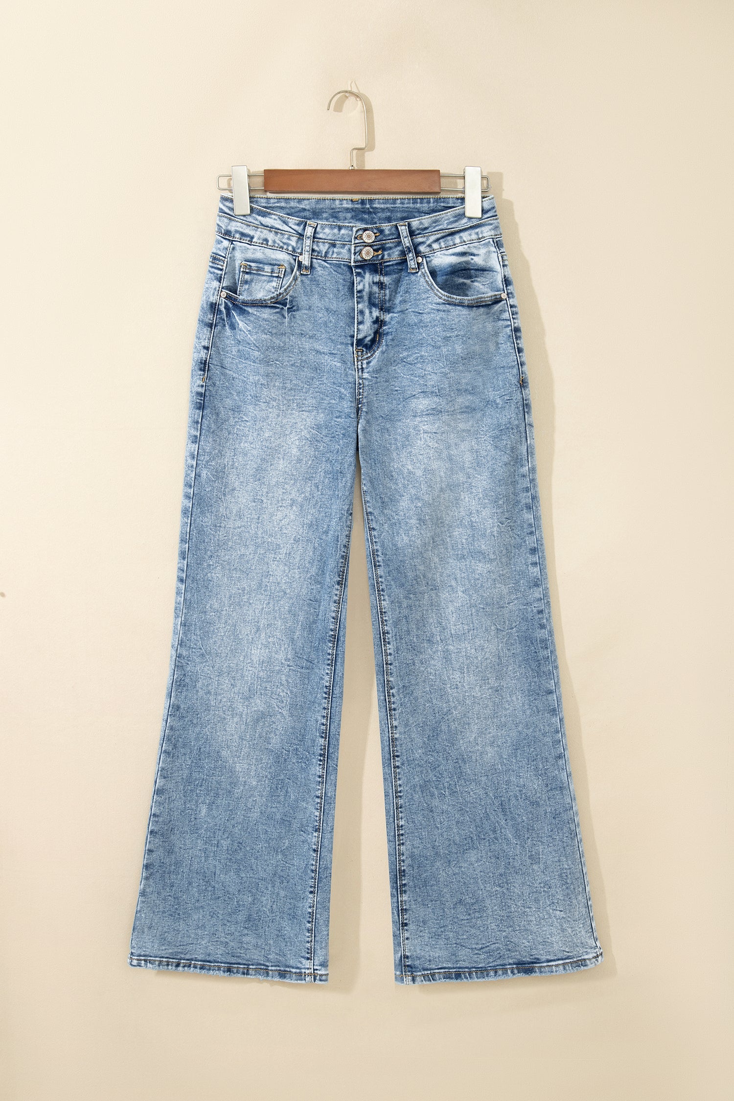 Beau Blue Fashion Blue Acid Wash Pocket Detail Flare Jeans