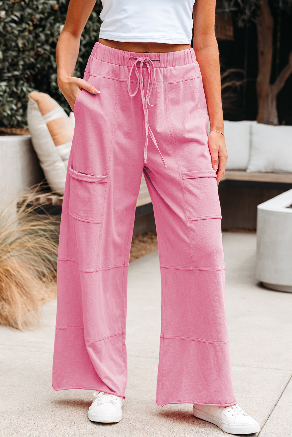 Bonbon Waistband Mineral Wash Wide-Leg Cargo Pants