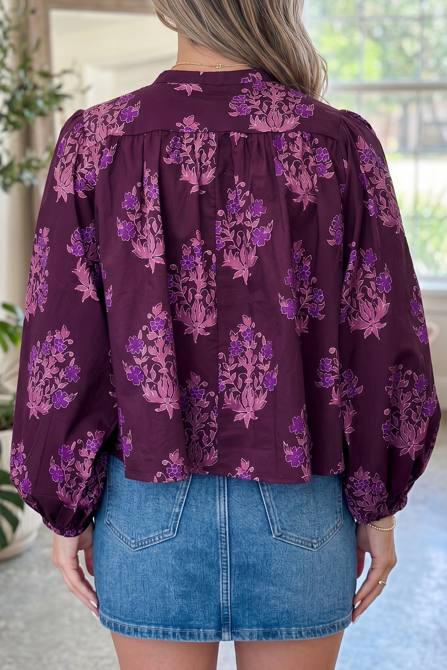 Button Front Floral-Print Front Long Puff Sleeve Shirt in Purple