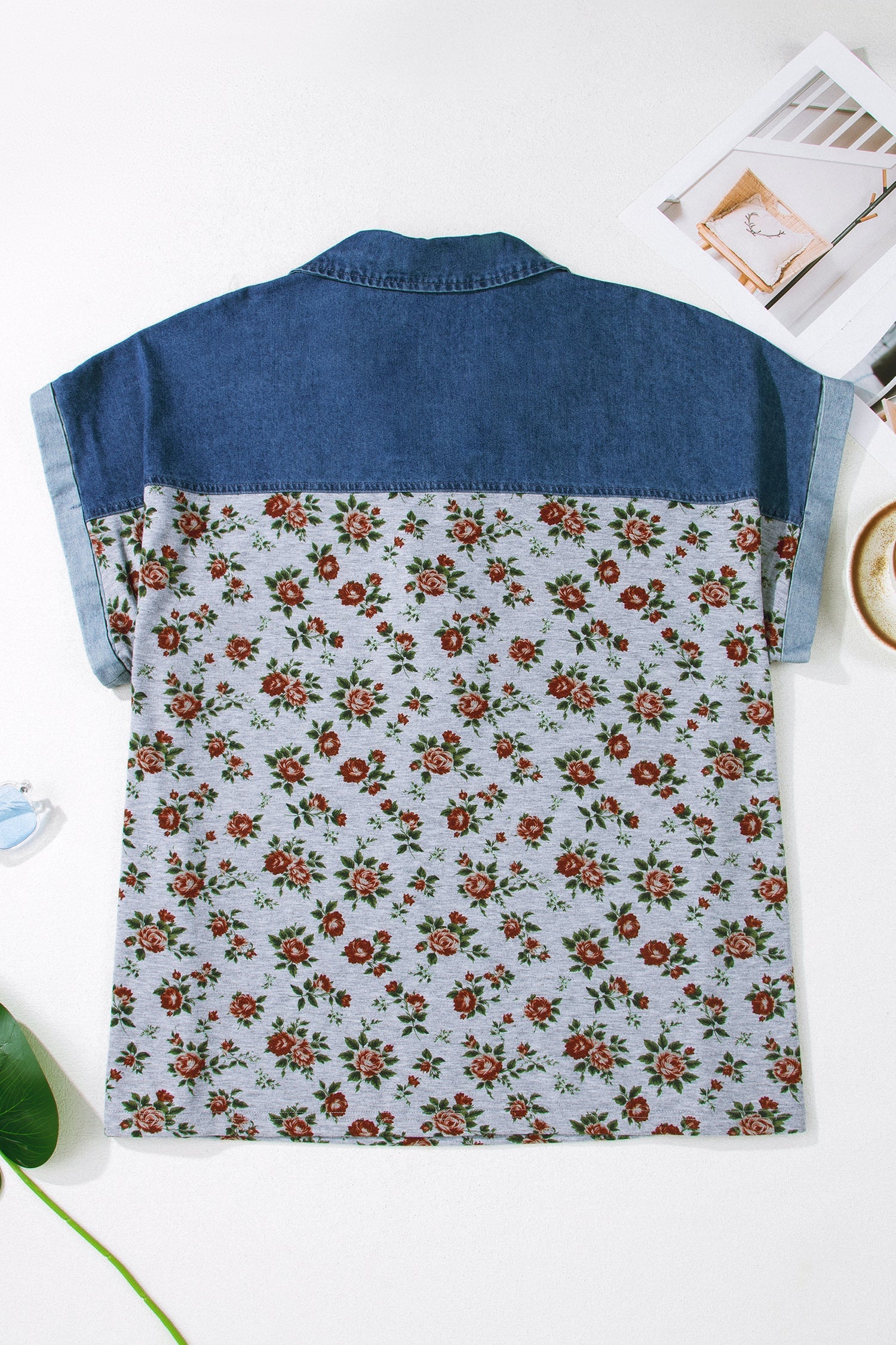 Floral-Print Denim Retro Denim Patchwork Plus Size Polo Tee in Gray
