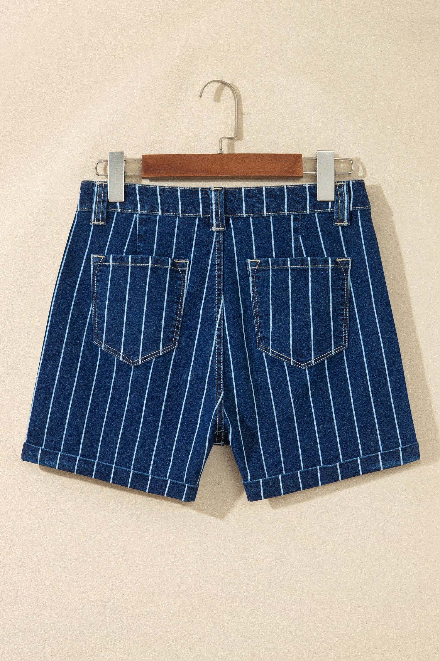 Stripe Metal Button Detail Womens Denim Shorts in Blue