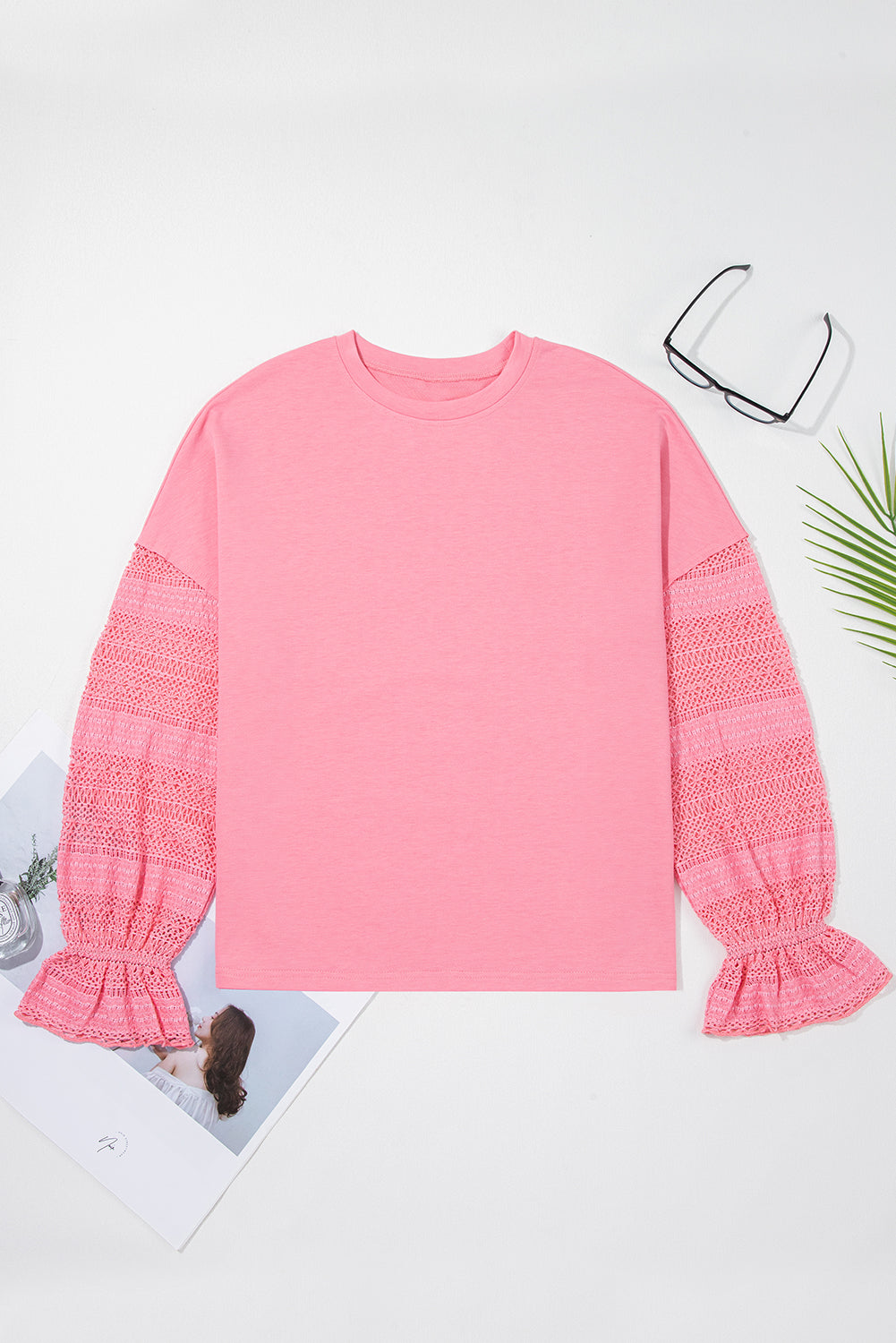 Drop-Shoulder Sleeve Lace Ruffled Patchwork Loose Sweatshirt