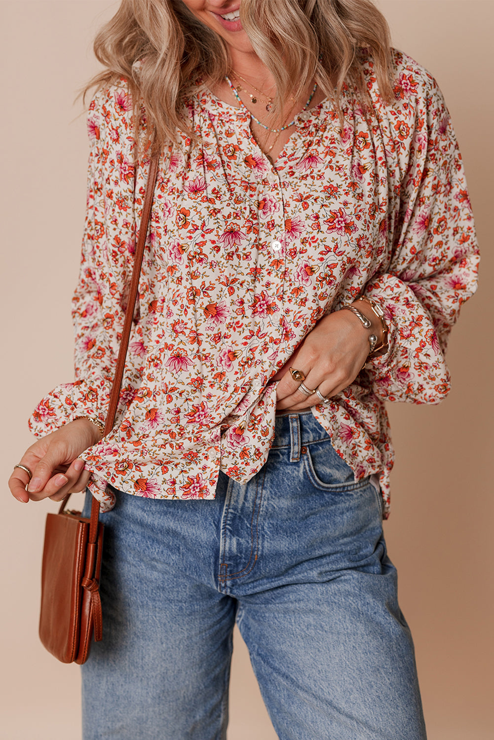 Floral-Print Notched Pleated Detail Neck Puff Sleeve Blouse