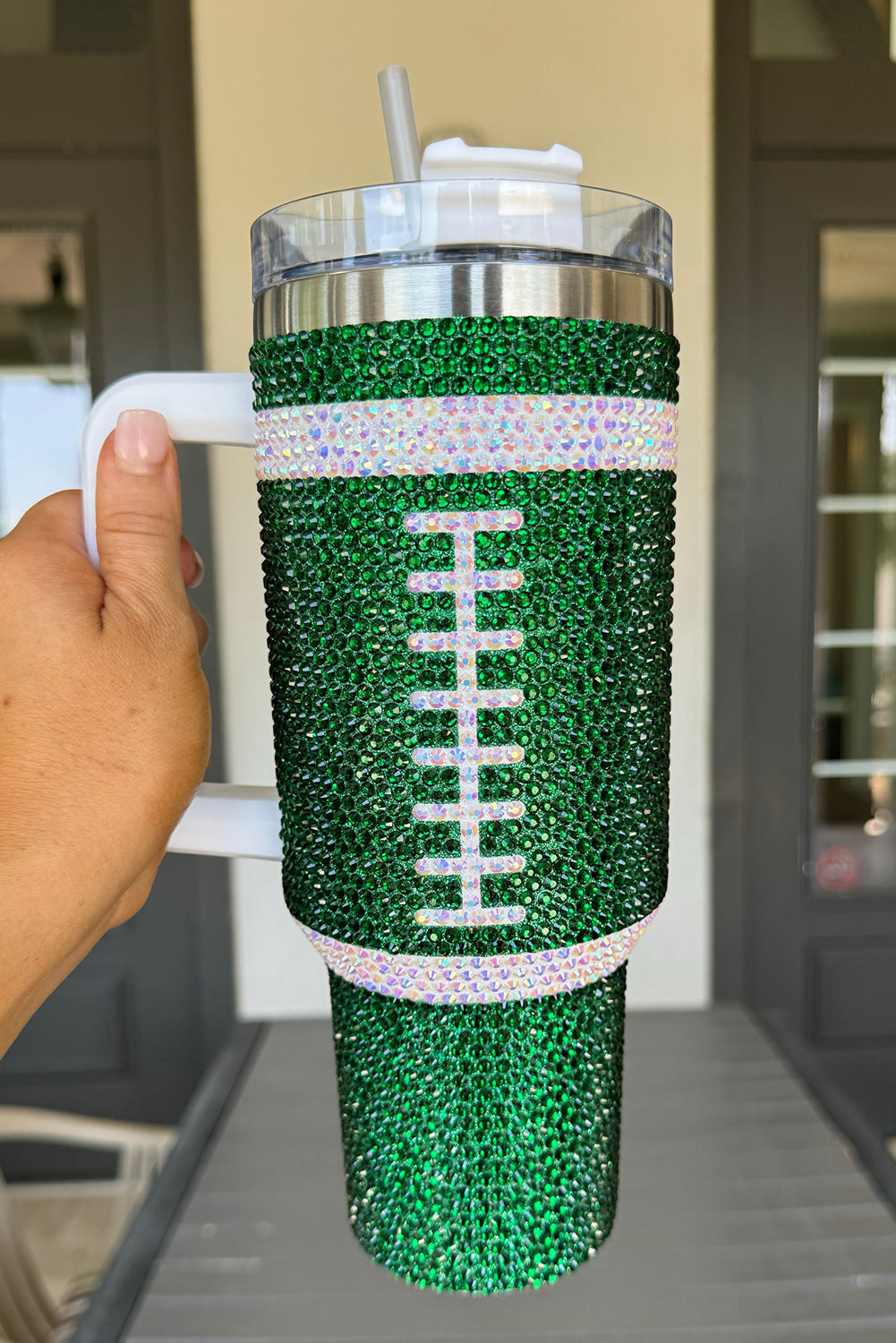 Rugby Football Rhinestone Football Handle Vacuum Cup 40oz Style