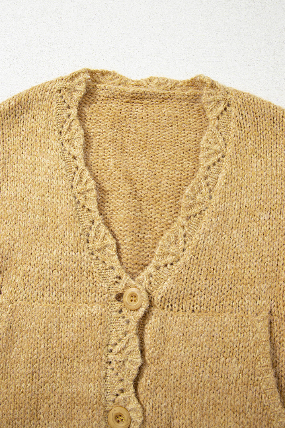 Scallop Lantern Sleeve V-Neck Button-Front Cropped Cardigan