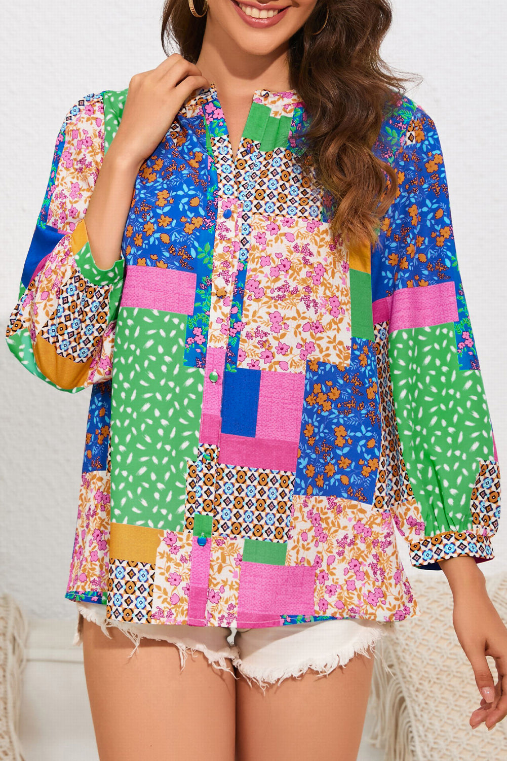 Shirt for Women Floral-Print Patchwork Balloon Sleeve