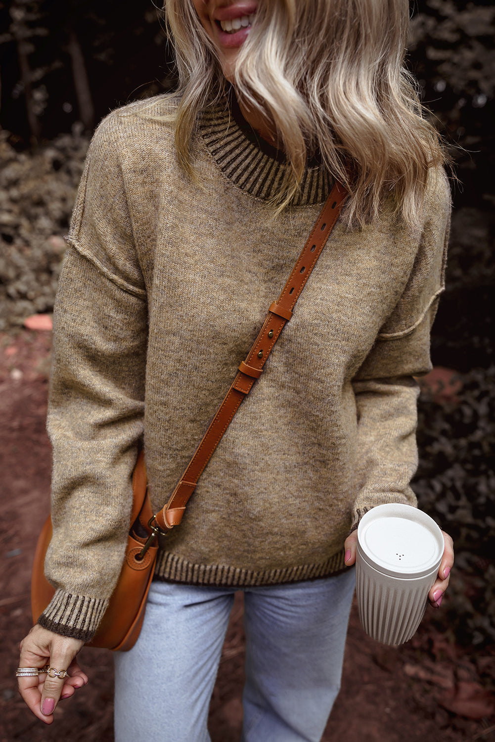 Contrast Trim Mock Neck Drop Shoulder Sweater