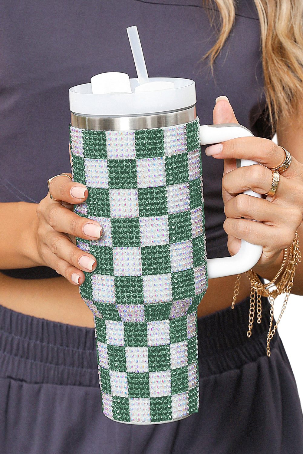 Full Handled Rhinestone Checkerboard Tumbler 40oz