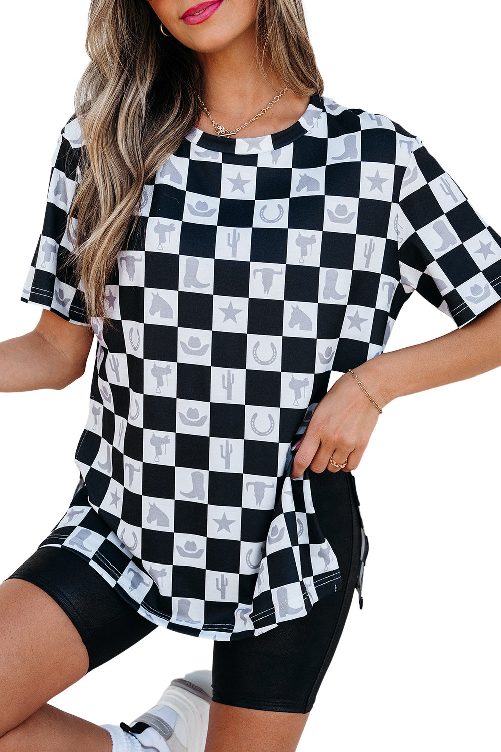 Black Western Checkerboard Print Side Split T Shirt
