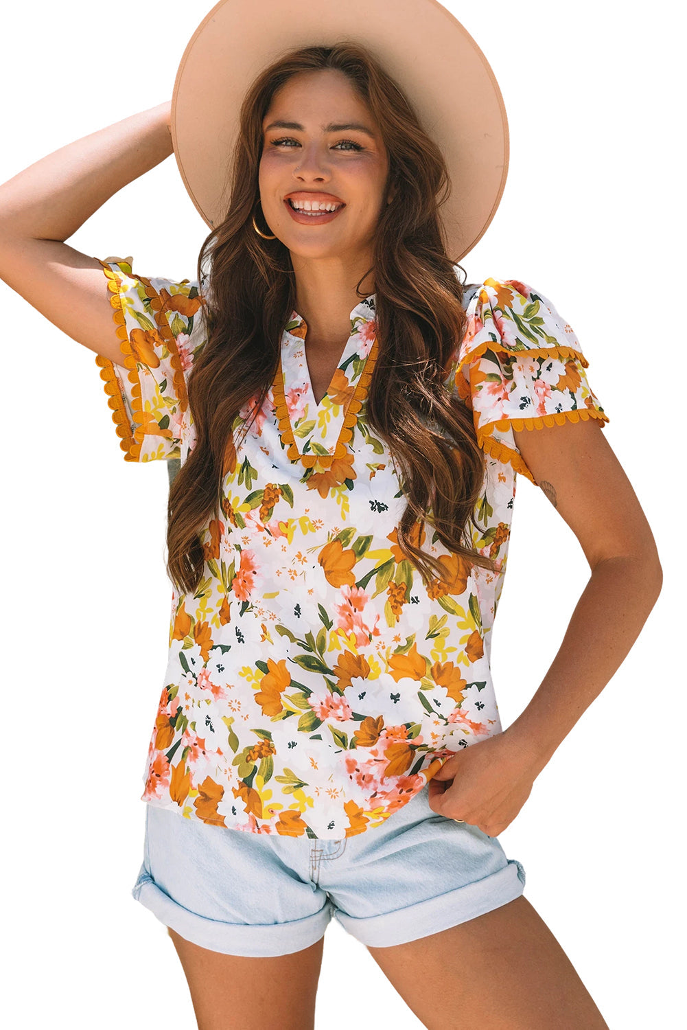 V-Neck Scalloped Ruffled Scalloped Short-Sleeved Floral Blouse