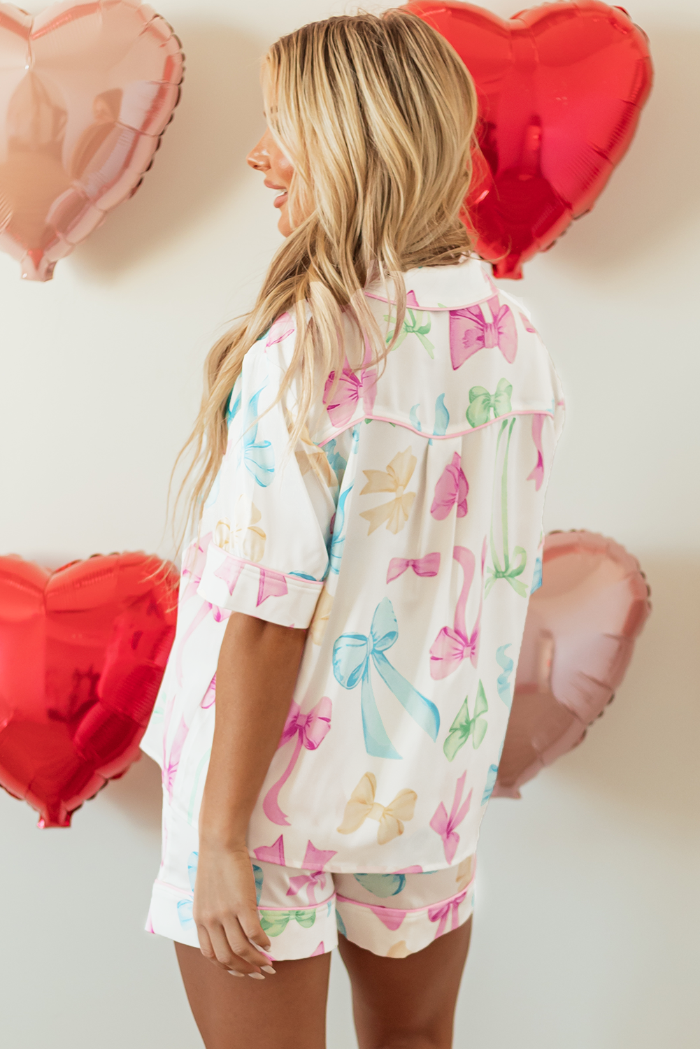 Print Button-Front Bowknot Button-Front Shirt High-Waisted Shorts Pajama Set