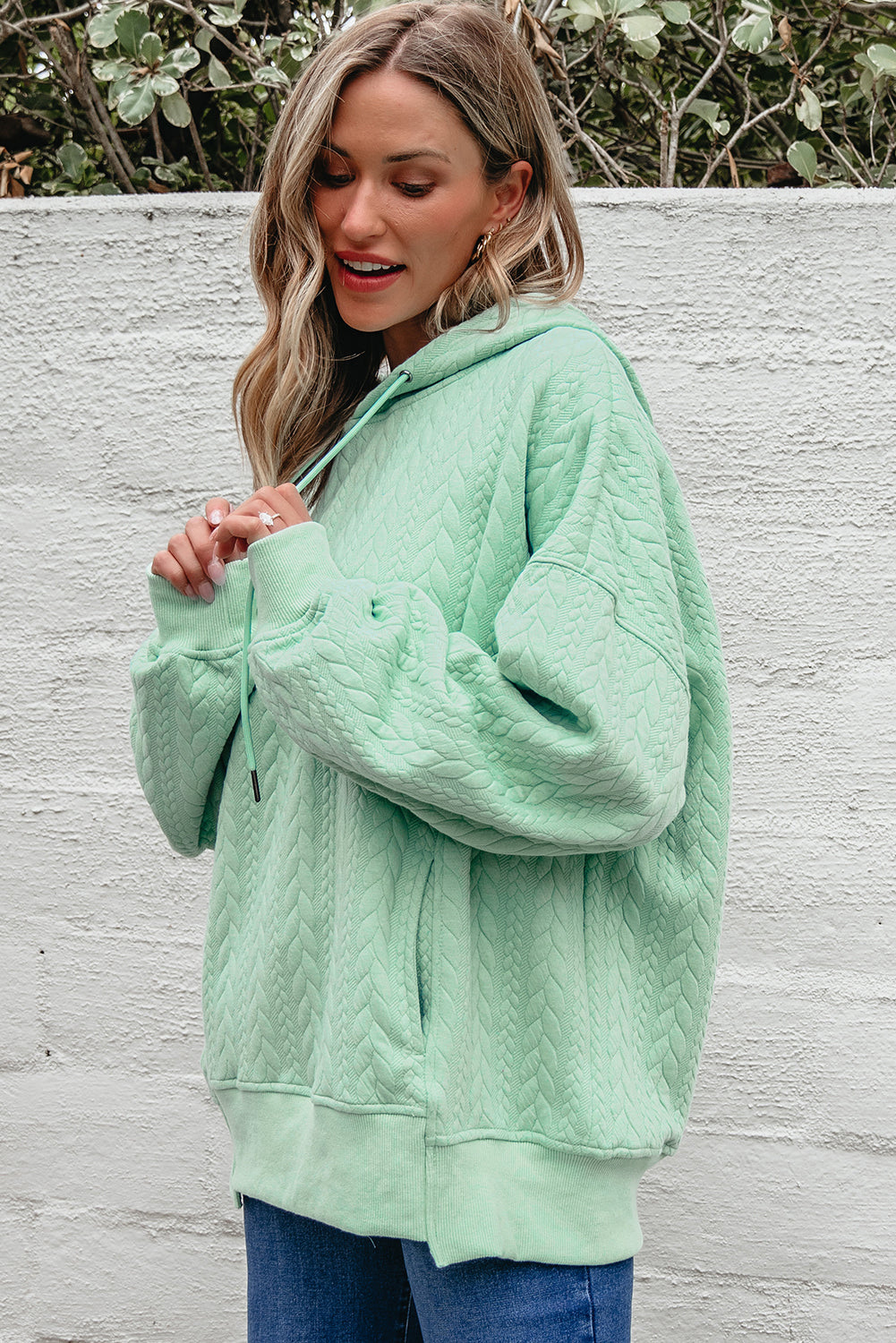 Cable Textured Baggy Solid Hoodie