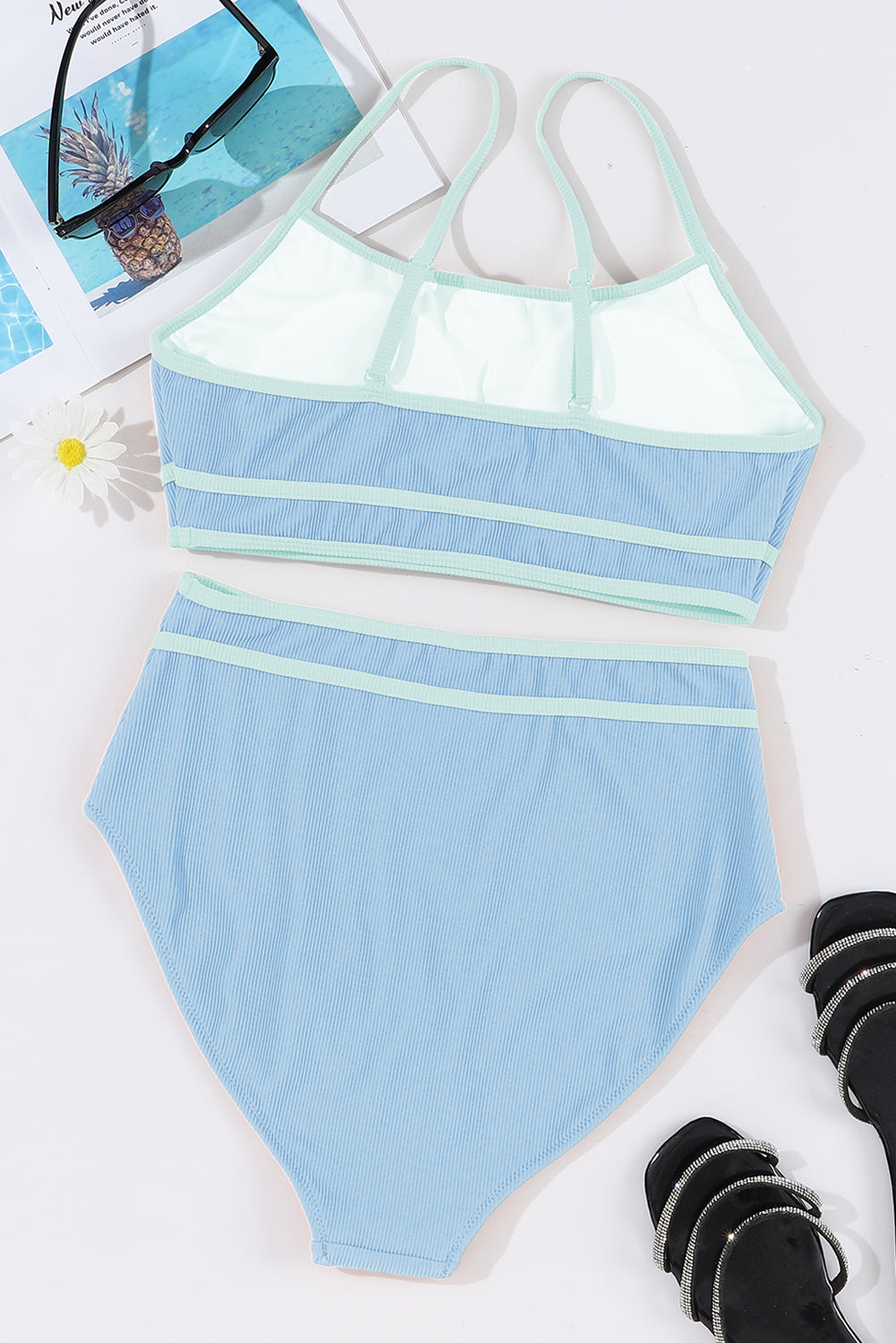 Stylish Rib-Knit Contrast Trim Spaghetti Straps 2pcs Bikini Swimsuit in Beau Blue