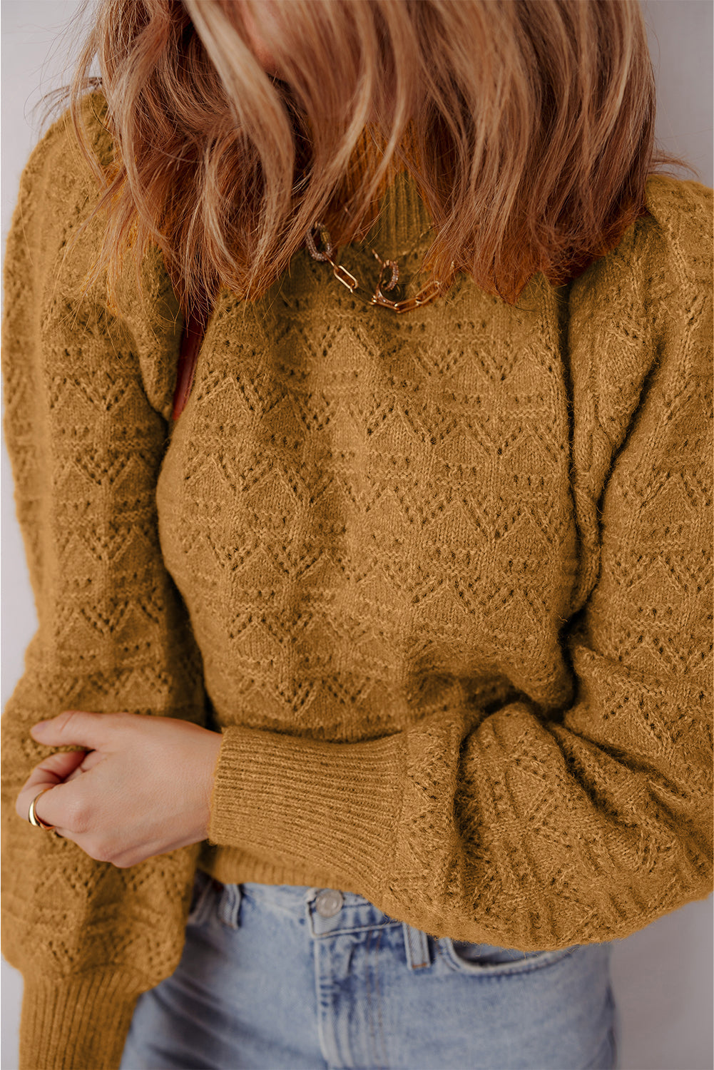 Hollow Out Crochet Rib-Knit Edge Balloon Sleeve Knit Top