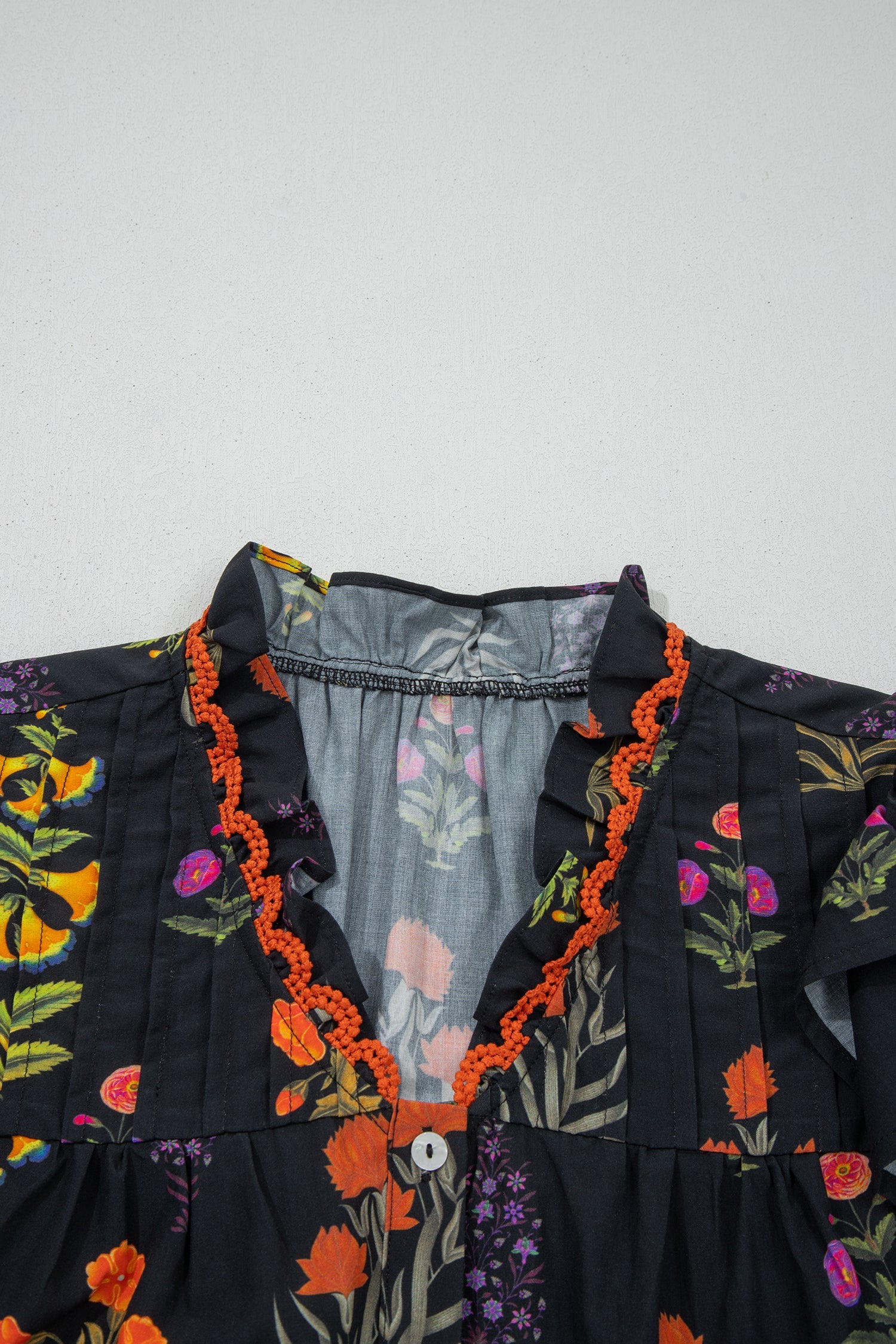 Lace Trim Floral-Print Trim Frilled Short-Sleeved Shirt