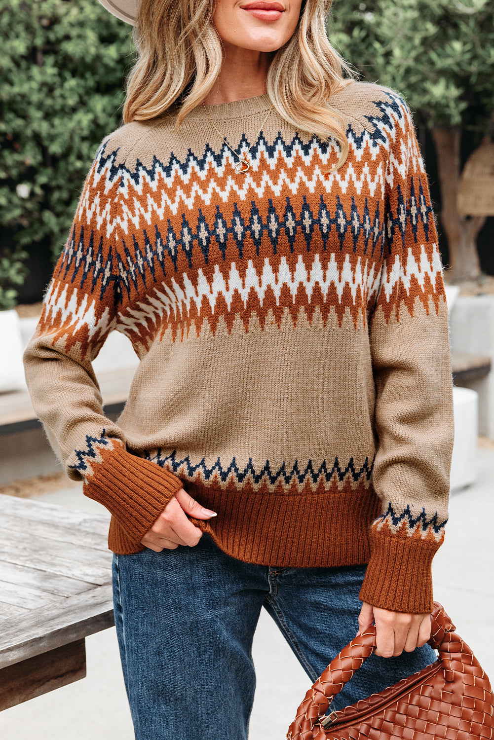 Colorblock Aztec Print Crew-Neck Knit Top