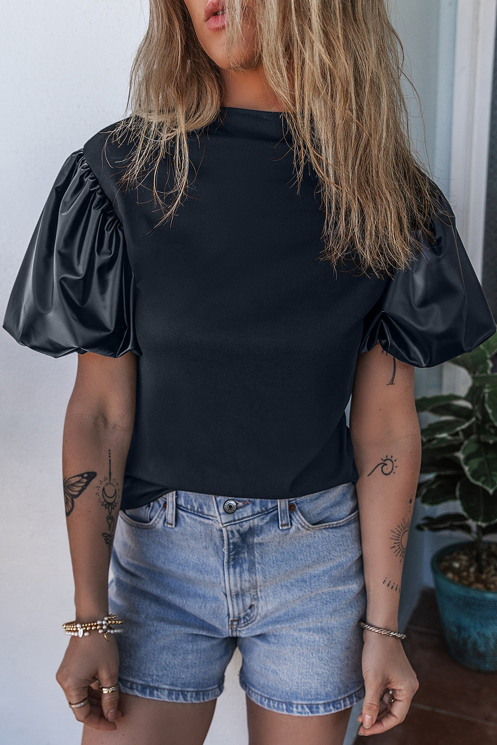 Women's Puff Mock Neck Faux Leather Top