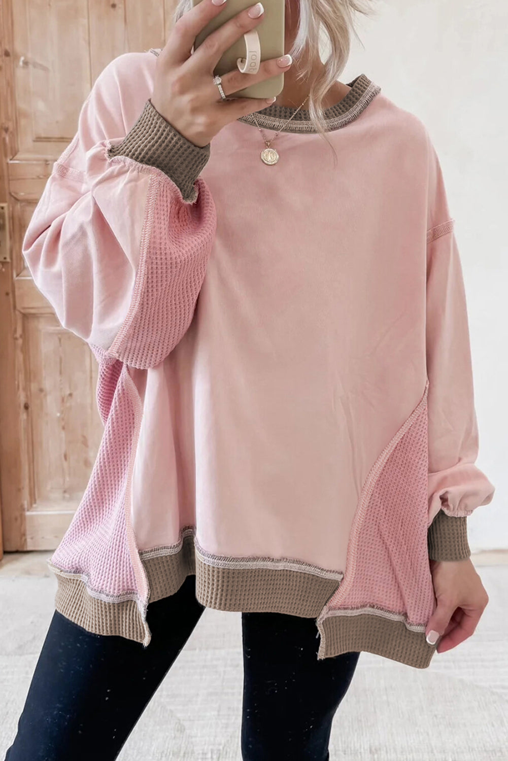 Colorblock Waffle Mix Texture Patchwork Oversize Sweatshirt