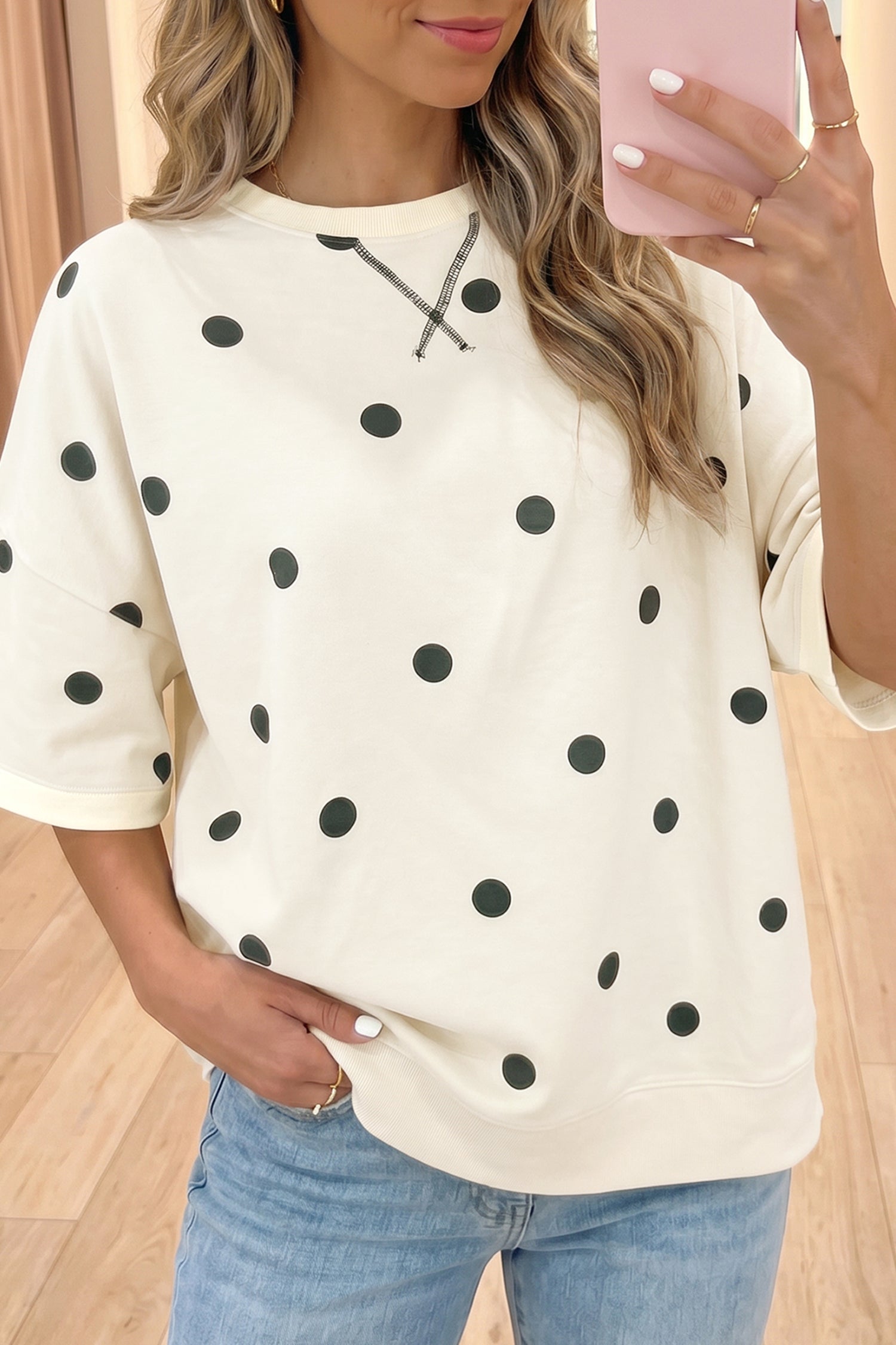 Crossed Polka-Dot Print Seam Detail Oversize Tee in Beige