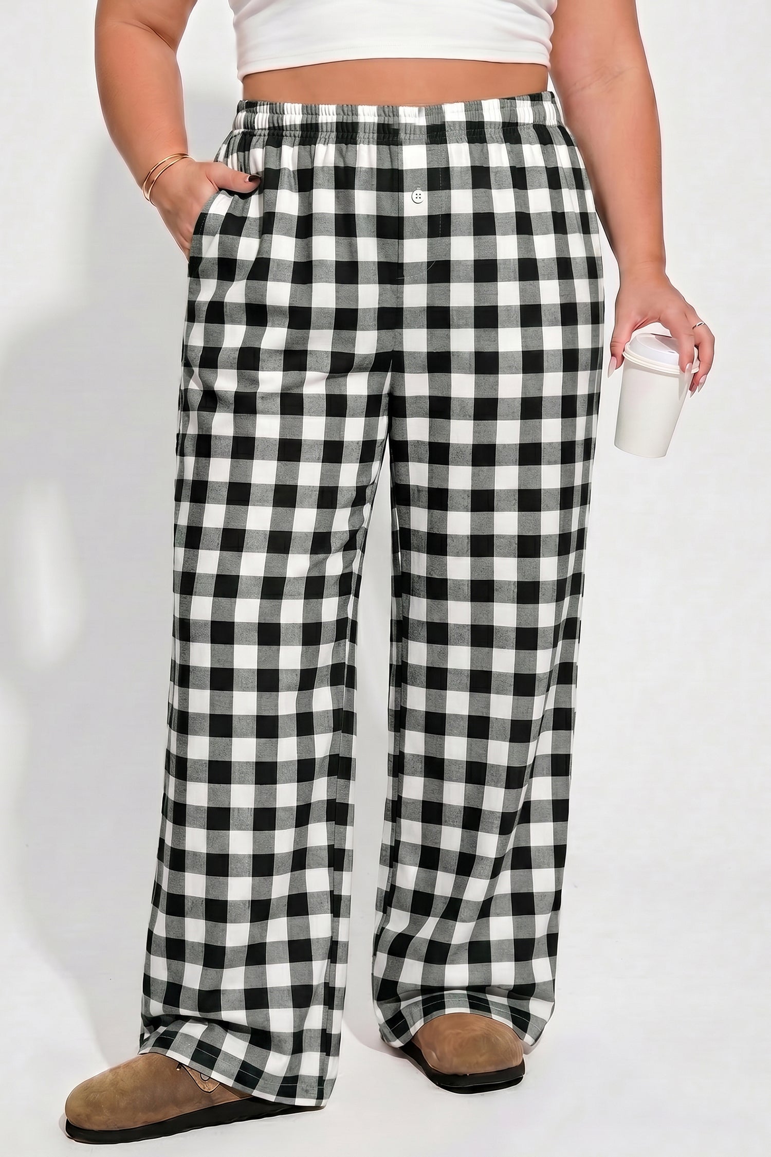Size Plaid Plus Plaid Pattern Elastic Waist Shift Pants in Black