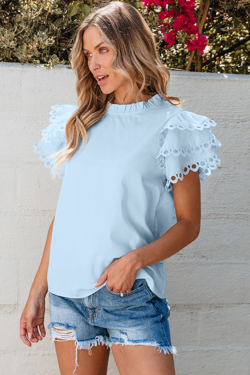 Blouse for Women Cap Sleeve Filled Neck
