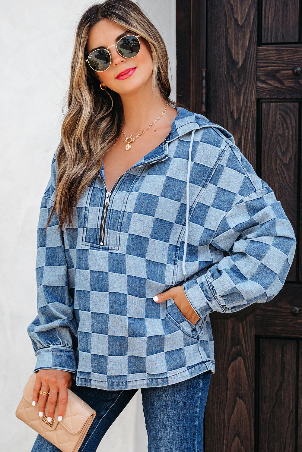 Neck Checkerboard Zip Kangaroo Pocket Denim Hoodie