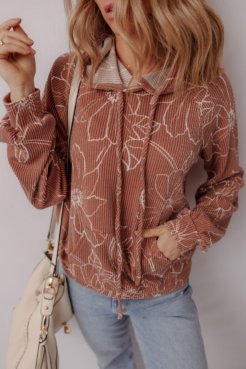 Rib Floral Twisted Drawcord Kangaroo Pocket Hoodie