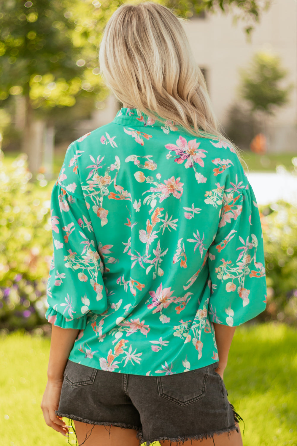 Floral Button Lantern Sleeve Front Shirt