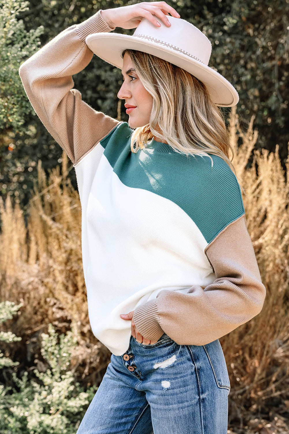 Plain Rib-Knit Colorblock Rib-Knit Knit Baggy Knit Top