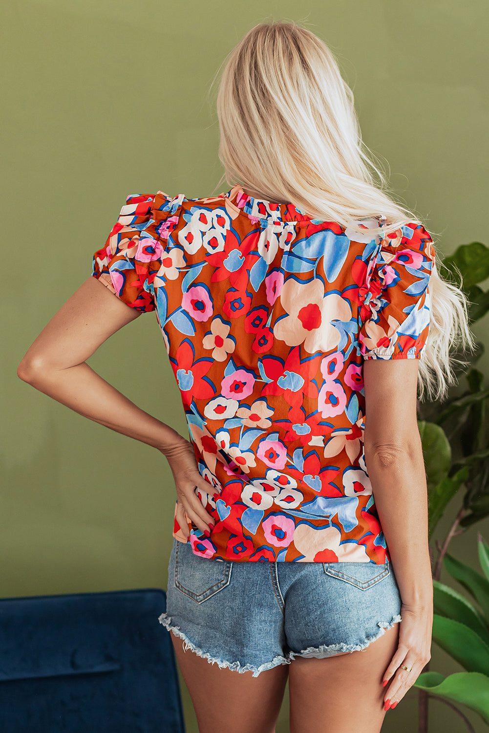 Flower Print Self Tie Frilled Collar Puff Sleeve Blouse