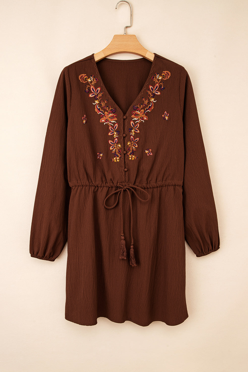 Floral Embroidered Tassel Tie Waist Long-Sleeved Mini Dress in Burgundy