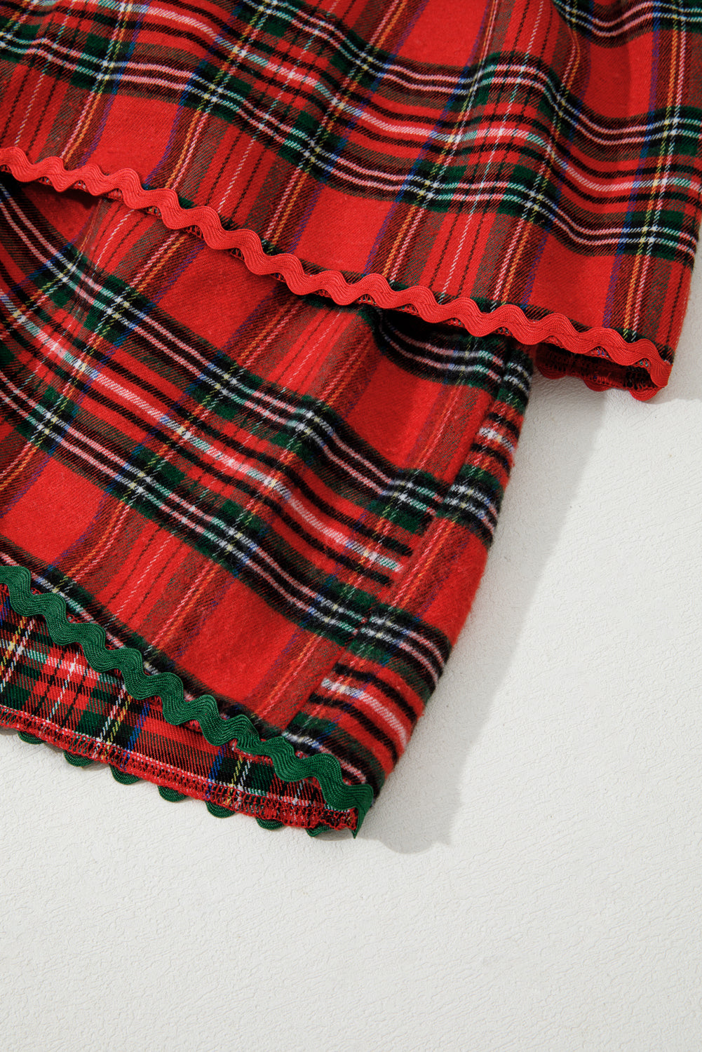 Ricrac Plaid Print Tiered Bubble Sleeve Mini Dress in Red
