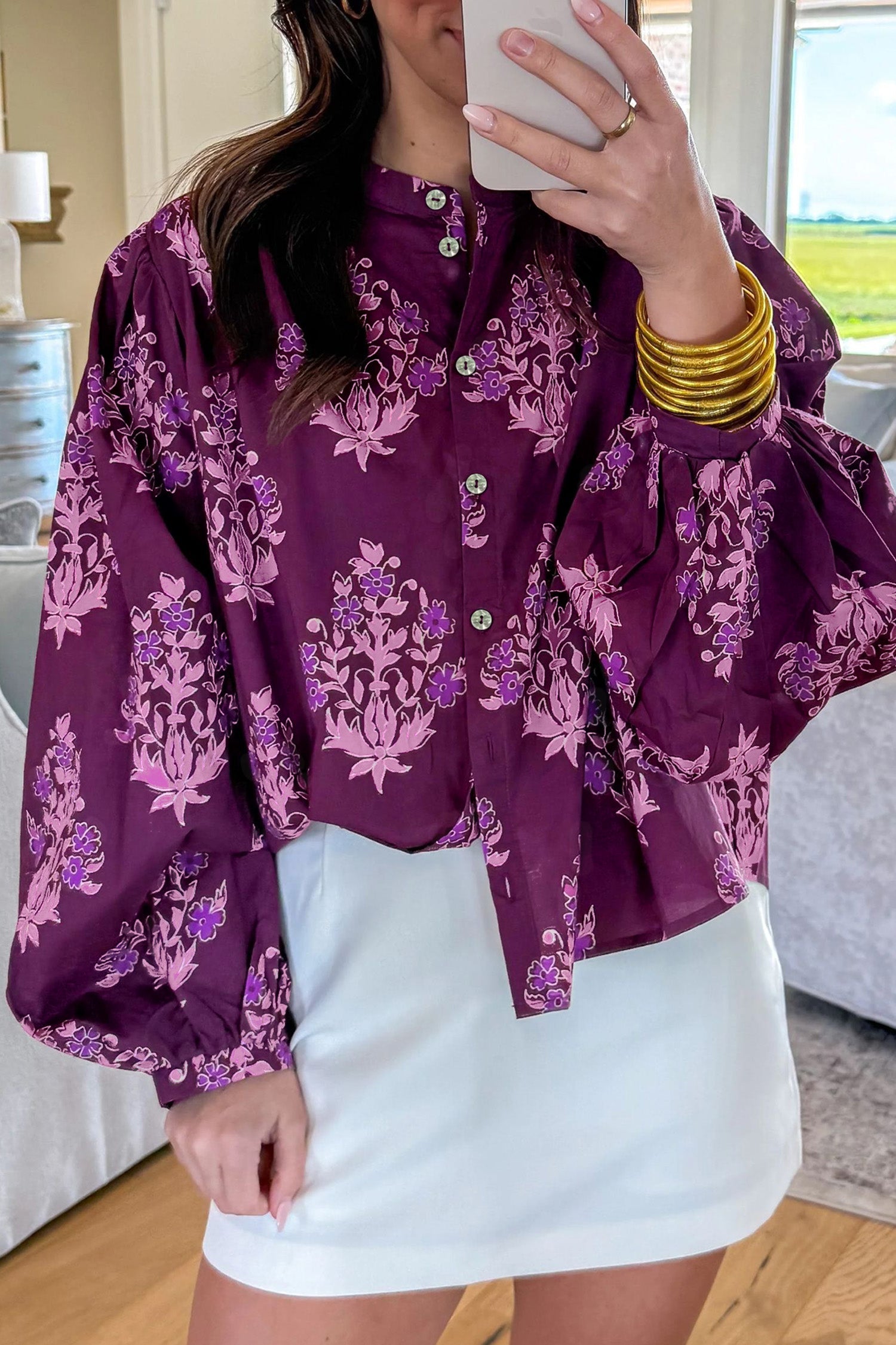 Button Front Floral-Print Front Long Puff Sleeve Shirt in Purple