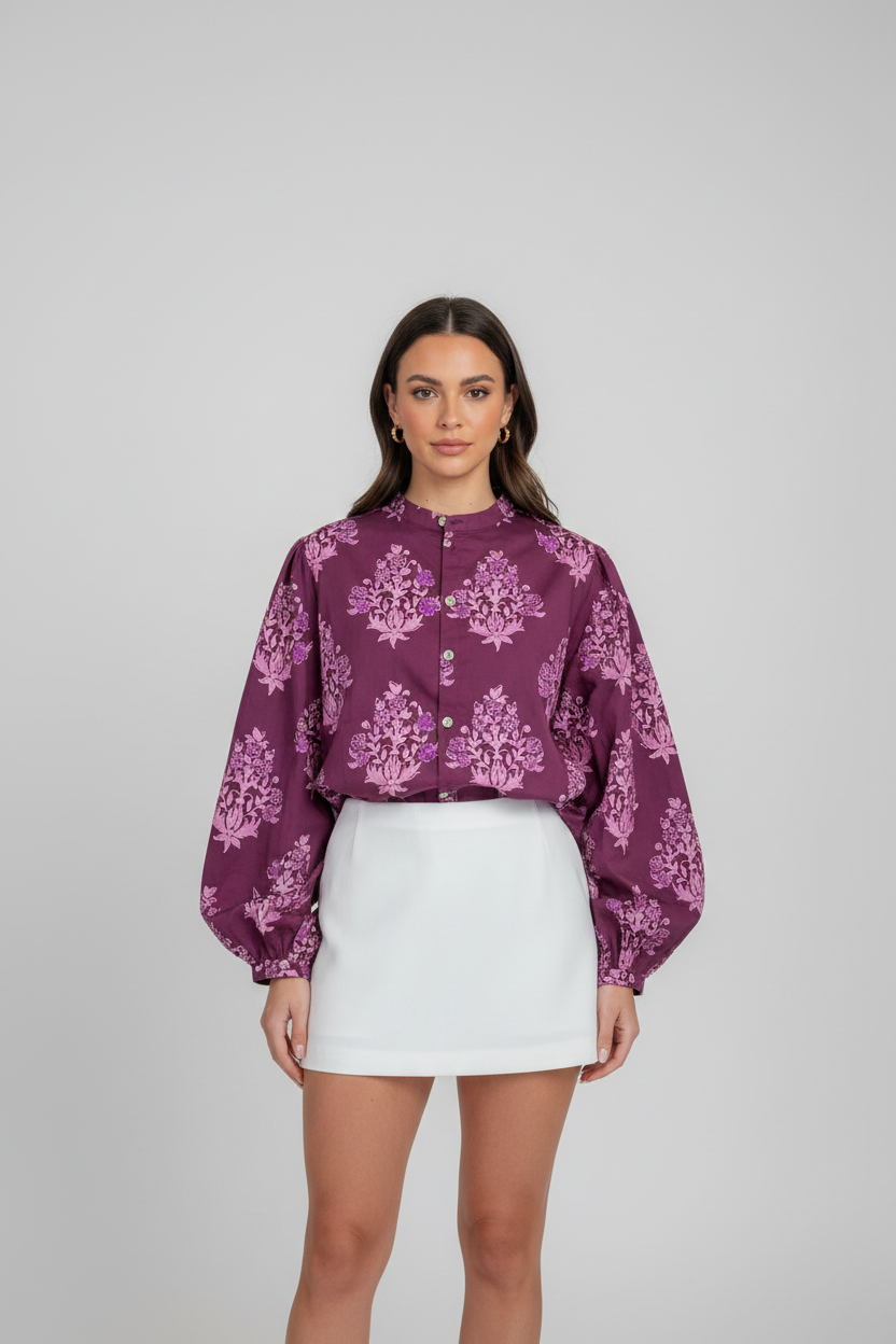 Button Front Floral-Print Front Long Puff Sleeve Shirt in Purple