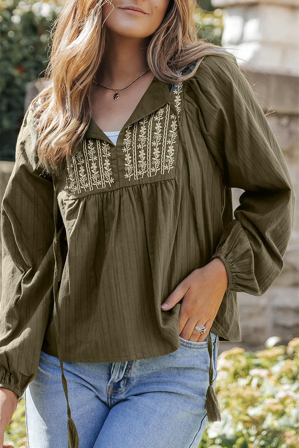 Women's Blouse with Green Split Neck Pleat-Detail Loose