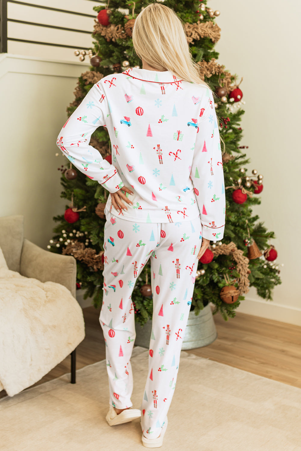 Lapel Christmas Print Shirt and Pants Sleepwear